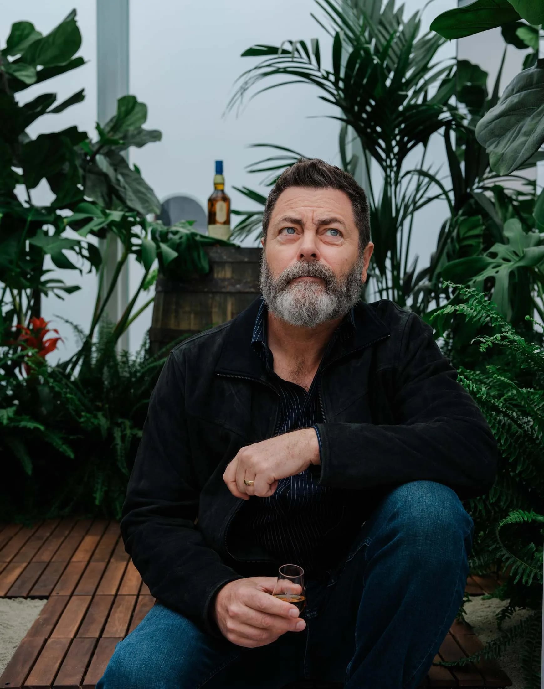Nick Offerman sips a dram of his fourth limited-edition scotch collaboration with Lagavulin Offerman Edition: Caribbean Rum Cask Finish.Photographer: Christopher Brown/Lagavulin Distillery